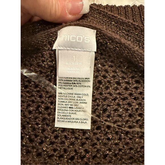 Chico's Pullover Sweater Shimmer Metalic Espresso Shoulder Detail Size 1 US Med - Picture 9 of 11